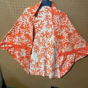 Medium/Large soft thin sweater shrug w/ coral pattern.Pretty orange & off white